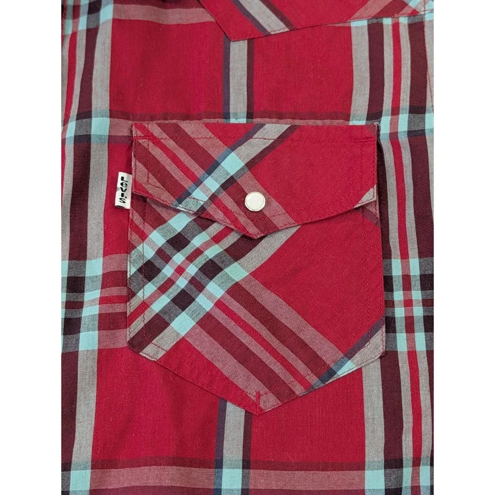 Levis Western Pearl Snap Shirt Mens M Red Plaid Yoke‎ Flap Pockets Cowboy Rodeo